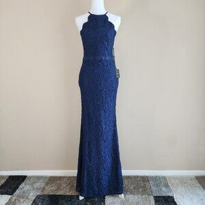 NWT Lulu's Blue Lace Trumpet Scalloped Halter Neck Dress Size L